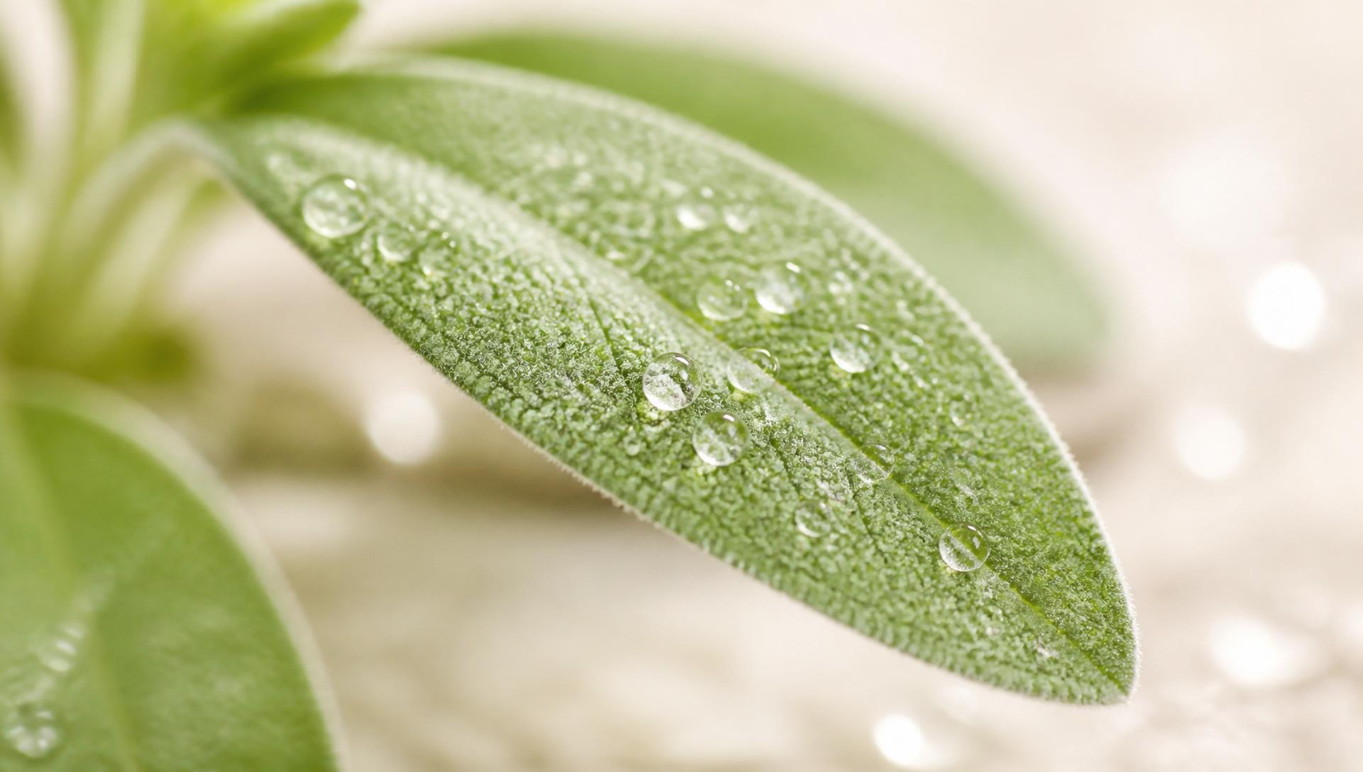 Soft-focus sage leaf with water droplets
